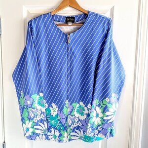 Bob Mackie Wearable Art Blue Stripe Floral Cotton Zip Cardigan NWT